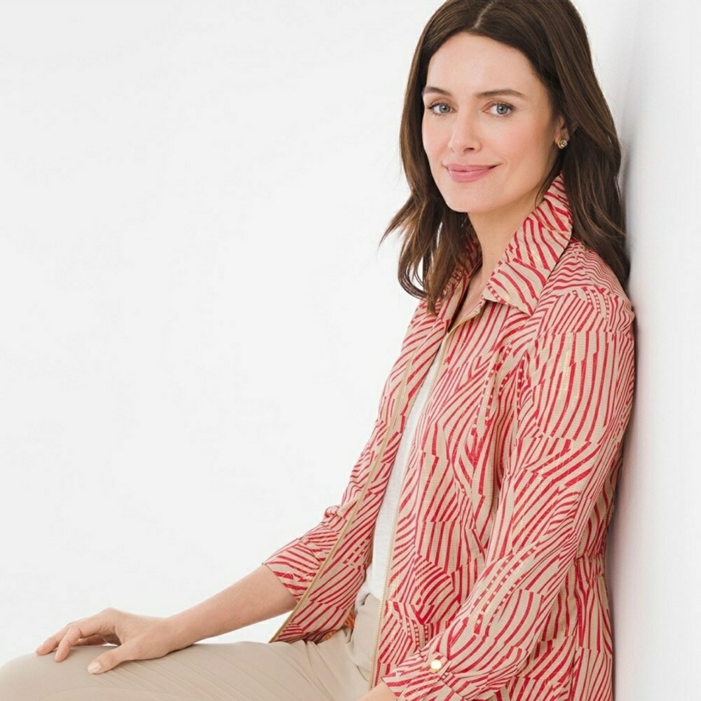 Chico’s Zenergy Neema Painterly Waves Jacket Lightweight Cream Red Size 3 (16)